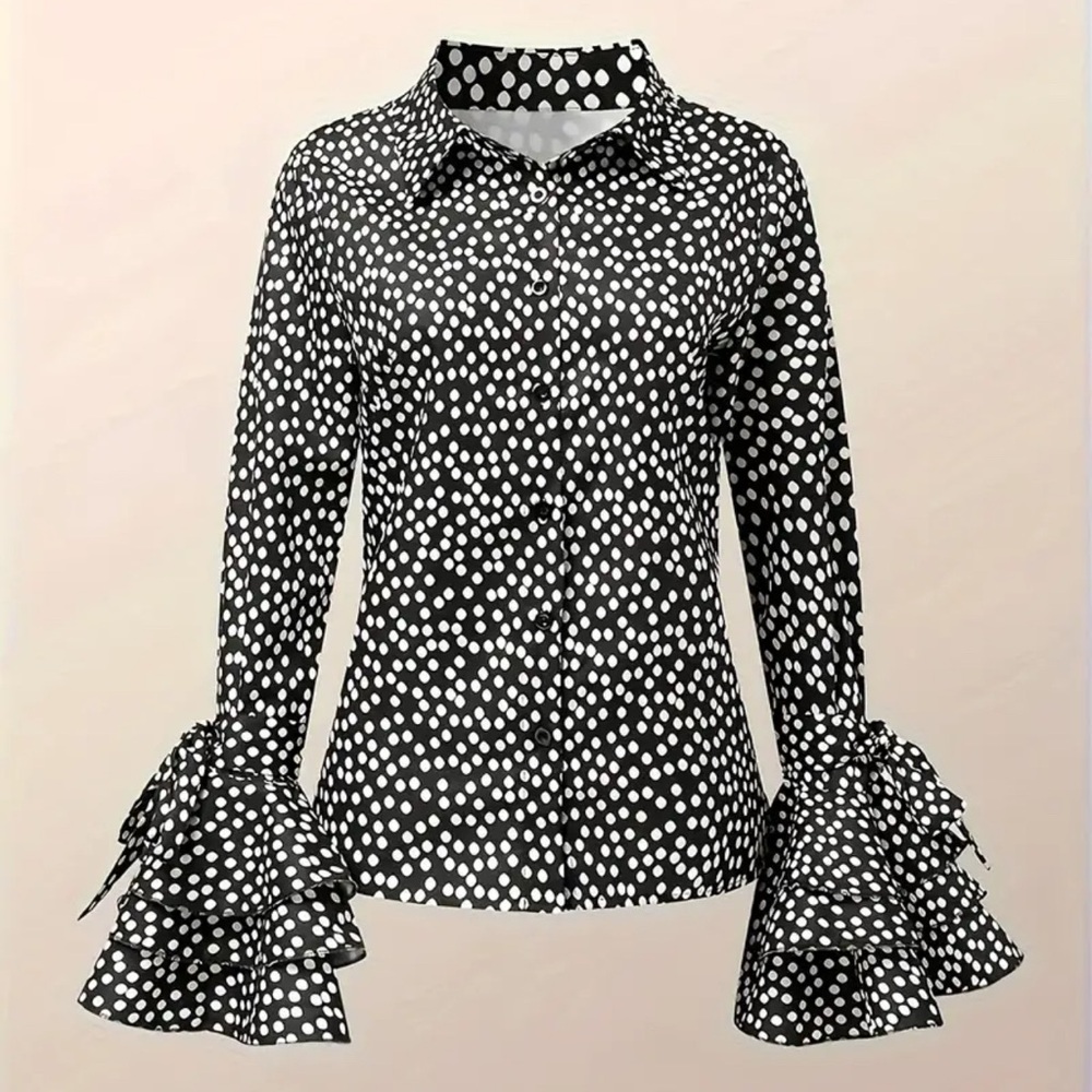 Elegant Layered Ruffle Sleeve Button Up Turn Down Collar Blouse - Picture 3 of 7